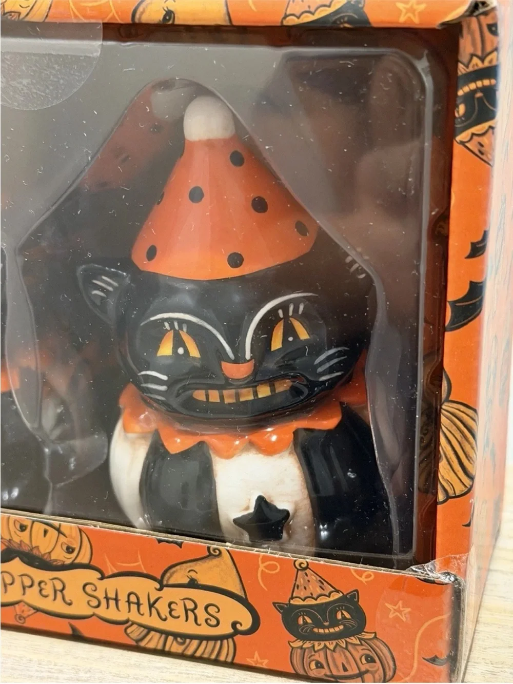 Johanna Parker Transpac SMILING CAT Salt & Pepper Shakers Halloween NIB